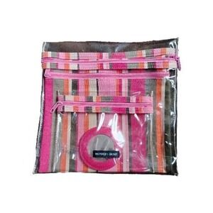 Victoria's Secret Makeup Pouches Cosmetics 3 Set  Stripe Cotton PVC Mirror HTF‎